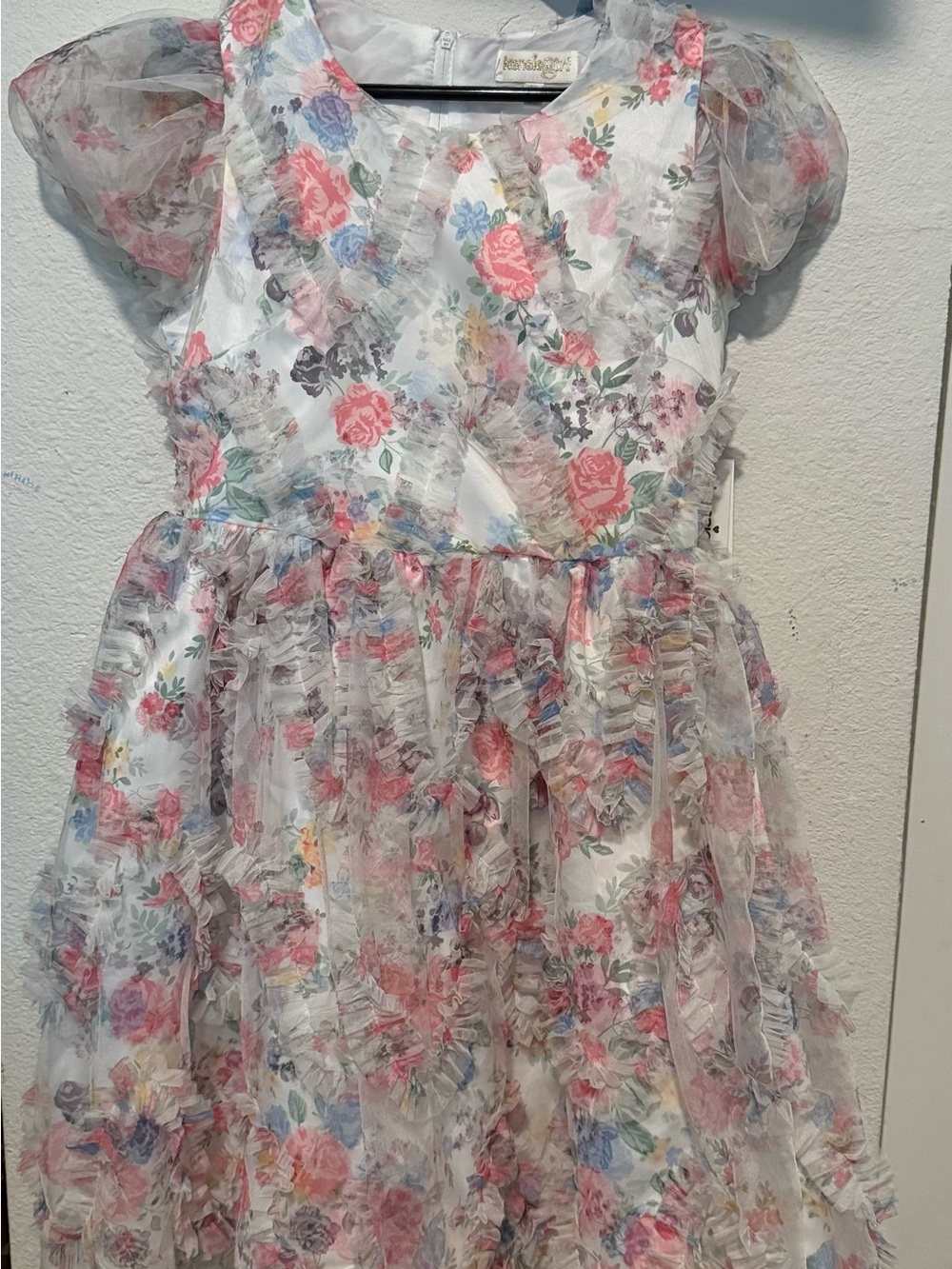Kensie Floral Ruffle Organza Dress - Pink, Blue & Green